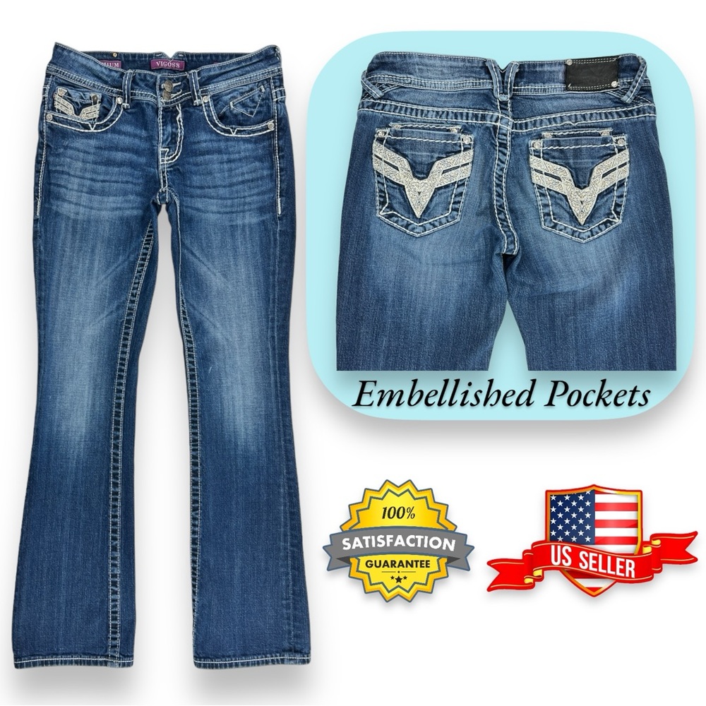 Vigoss Premium Embellished Bootcut Blue Jeans Low Rise WOMENS size 5 (31x31)